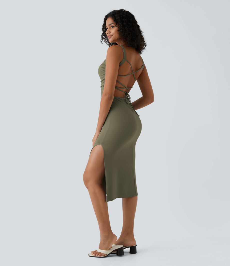 Ruched Lace Up Bodycon Midi Casual Dress - Withered Green