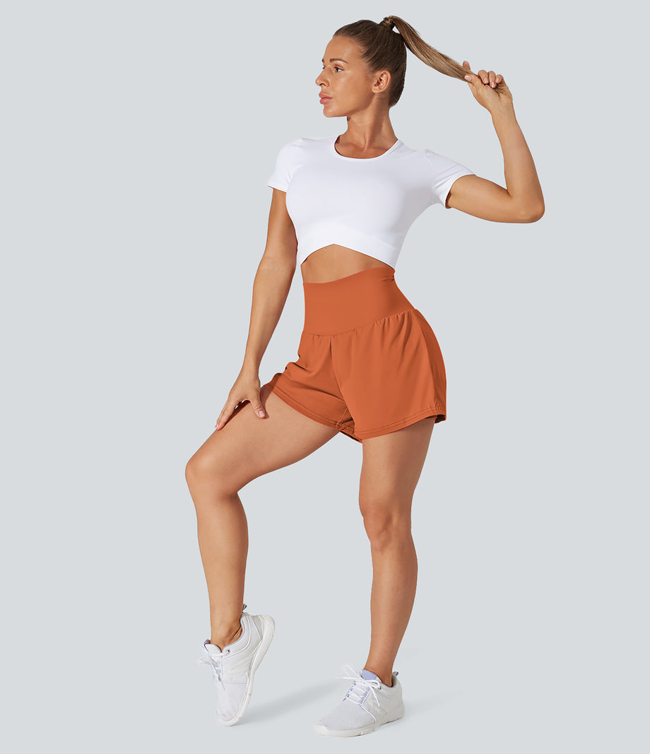SoftlyZero™ Airy Super High Waisted 2-in-1 Cool Touch Yoga Shorts with Pockets - Orange Rust