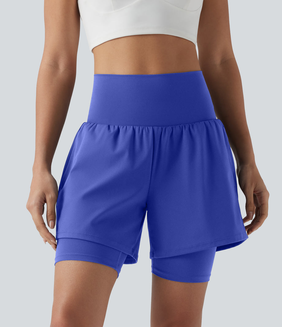 SoftlyZero™ Airy Super High Waisted 2-in-1 Cool Touch Yoga Shorts 7'' with Pockets - Aster Blue