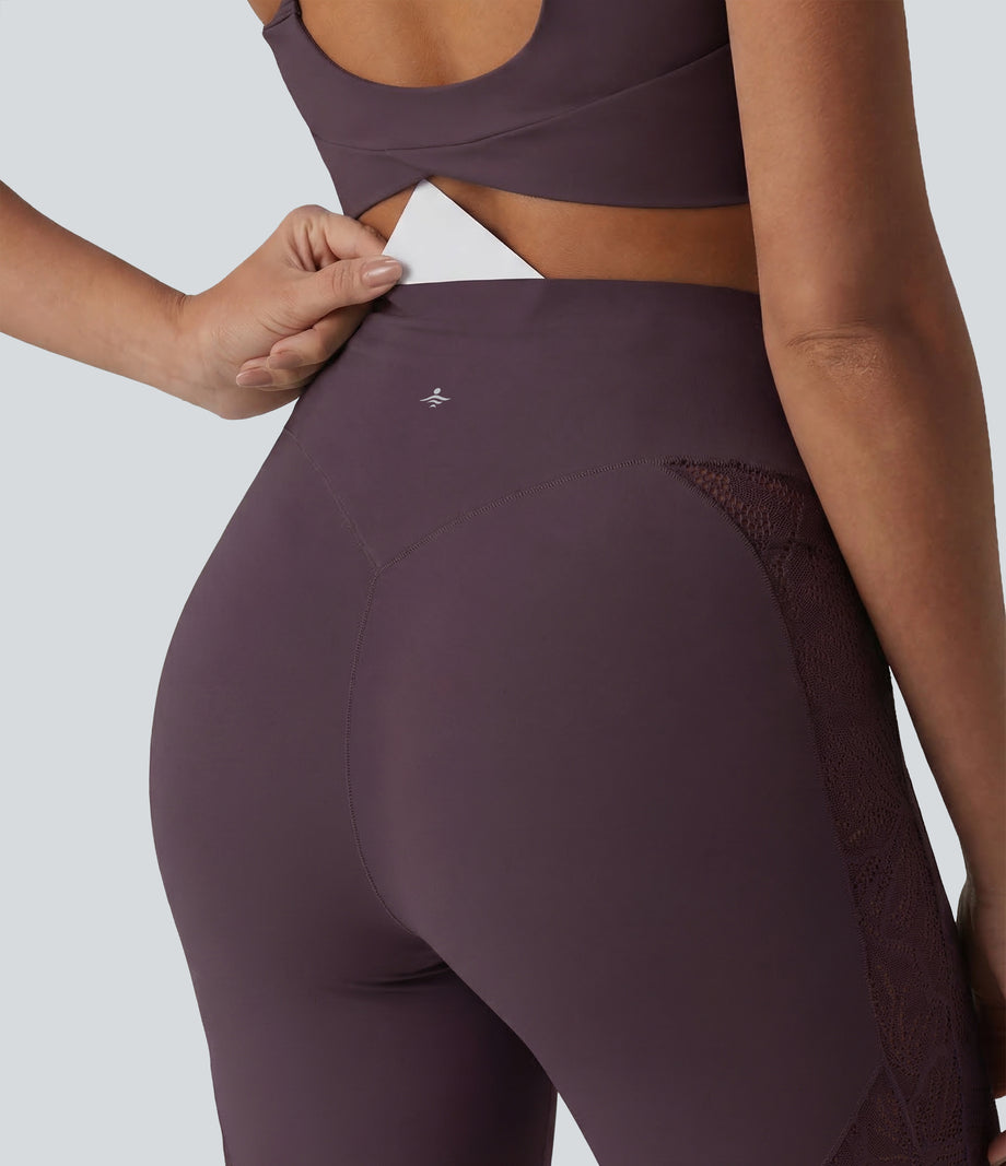 Halara UltraSculpt™ High Waisted Tummy Control Contrast Lace Yoga Flare Leggings with Pocket - Night's Purple
