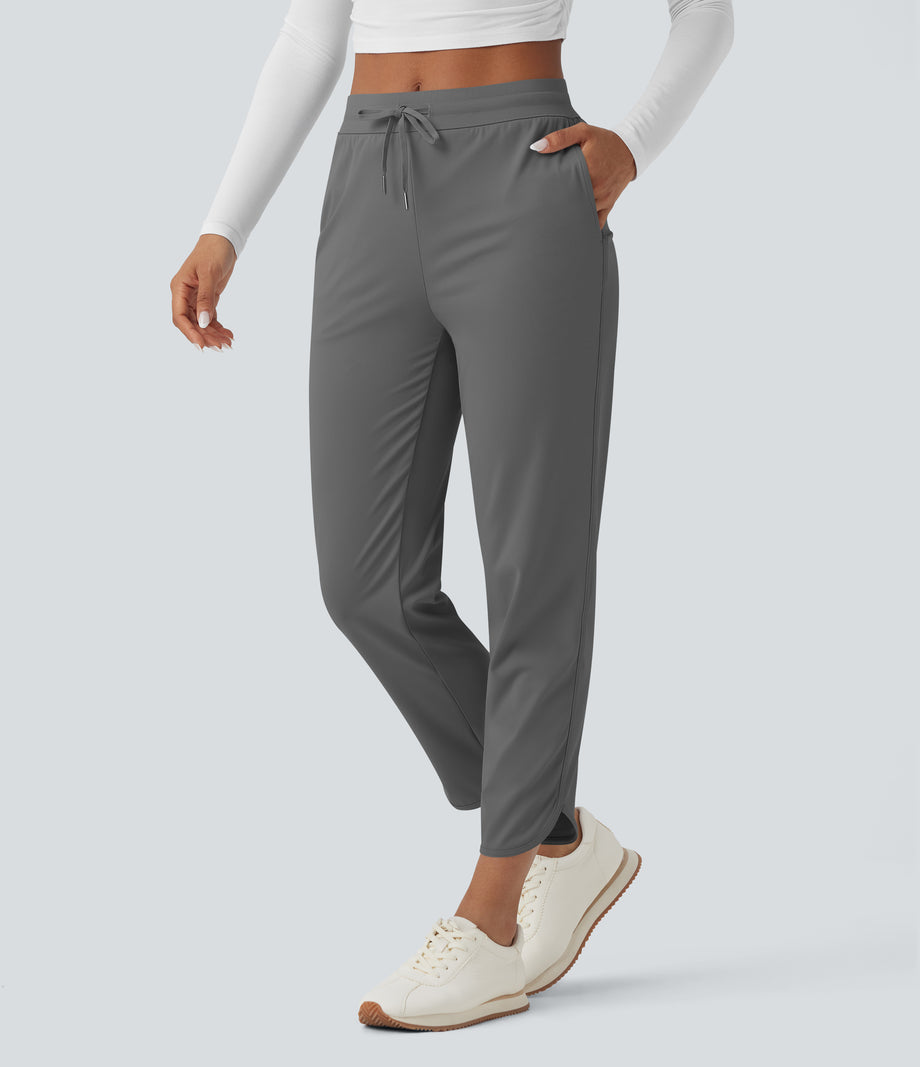 Mid Rise Drawstring Curved Hem Quick Dry Golf Tapered Pants with Pockets-UPF40+ - Steel Gray