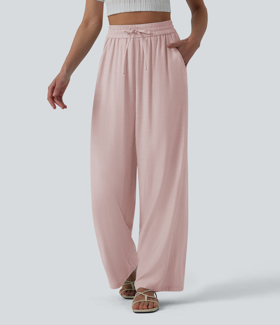High Waisted Drawstring Wide Leg Casual Linen-Blend Pants with Pockets - Rosewater