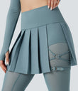 Breezeful™ High Waisted Pleated 2-in-1 Contrast Mesh Quick Dry Dance Stirrup Skirted Leggings with Pockets - Stone Blue
