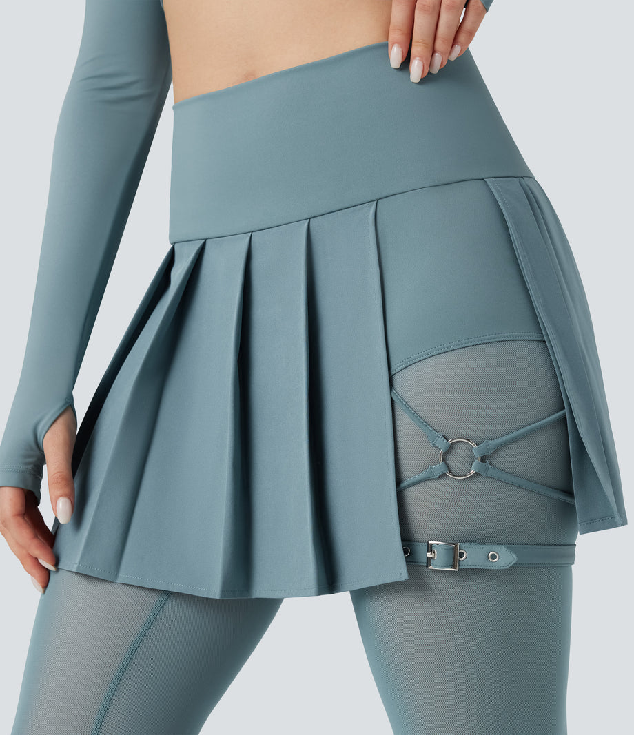 Breezeful™ High Waisted Pleated 2-in-1 Contrast Mesh Quick Dry Dance Stirrup Skirted Leggings with Pockets - Stone Blue