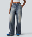 Mid Rise Denim Print French Terry Casual Sweatpants Jeans with Pockets - Washed Indigo Blue