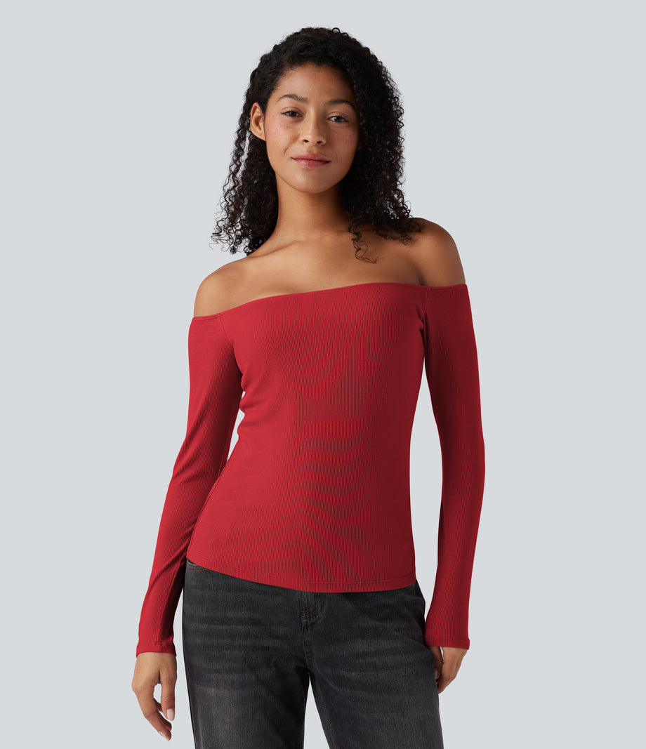 Ribbed Knit Off Shoulder Long Sleeve 2-in-1 Casual Top - Samba