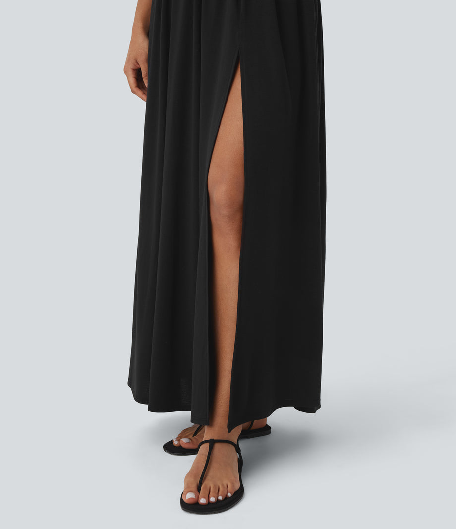 Twisted Backless Split Flowy Maxi Resort Dress with Pockets - Black