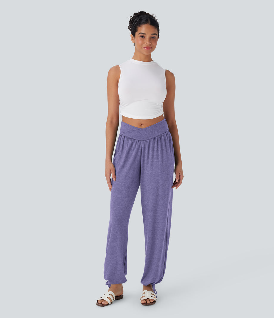 Crossover High Waisted Pocket Drawstring Casual Joggers - Light Purple Floral Yarn