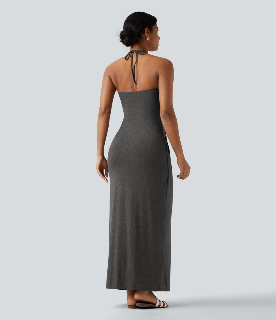 Halter Tie Back Maxi Dress with Pockets - Darl Gray Floral Yarn