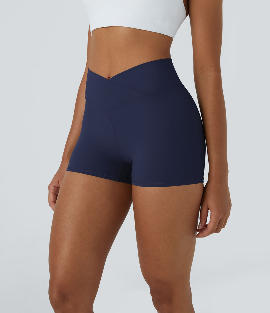 SoftlyZero™ High Waisted Crossover Plain Yoga Biker Shorts 3''-UPF50+ - Peacoat