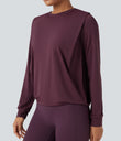 Round Neck Long Sleeve Ruched Yoga Sports Top-UPF50+ - Fig