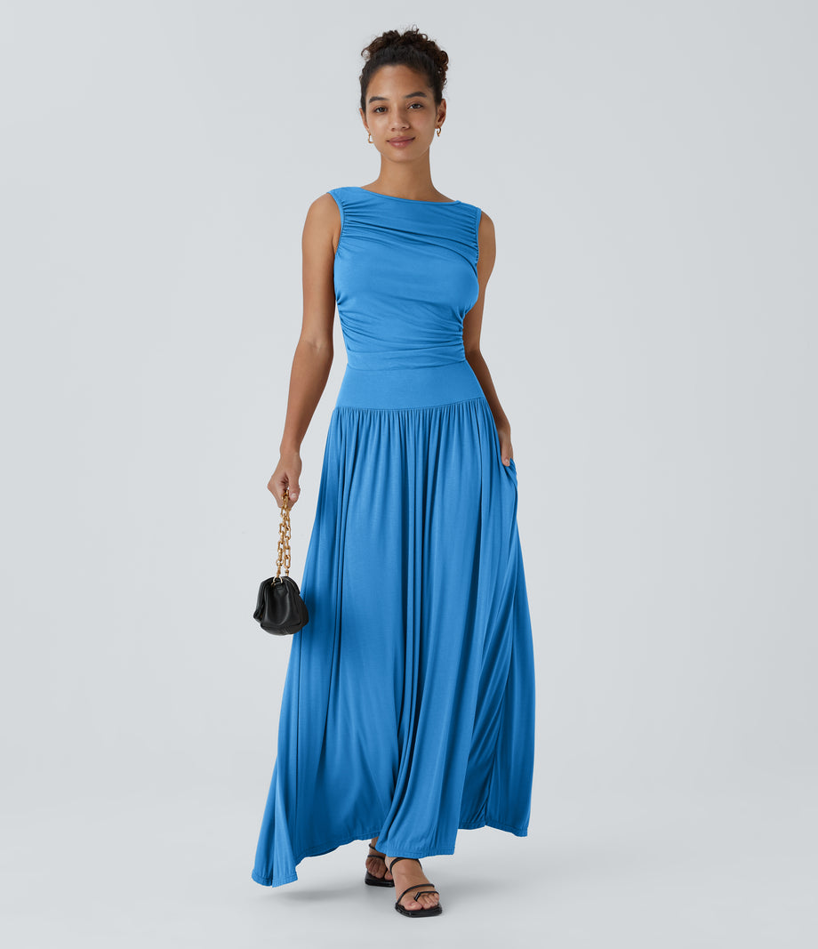 Ribbed Boat Neck Asymmetric Strap Ruched Pocket Flowy Maxi Casual Dress - Clear Sunny Blue