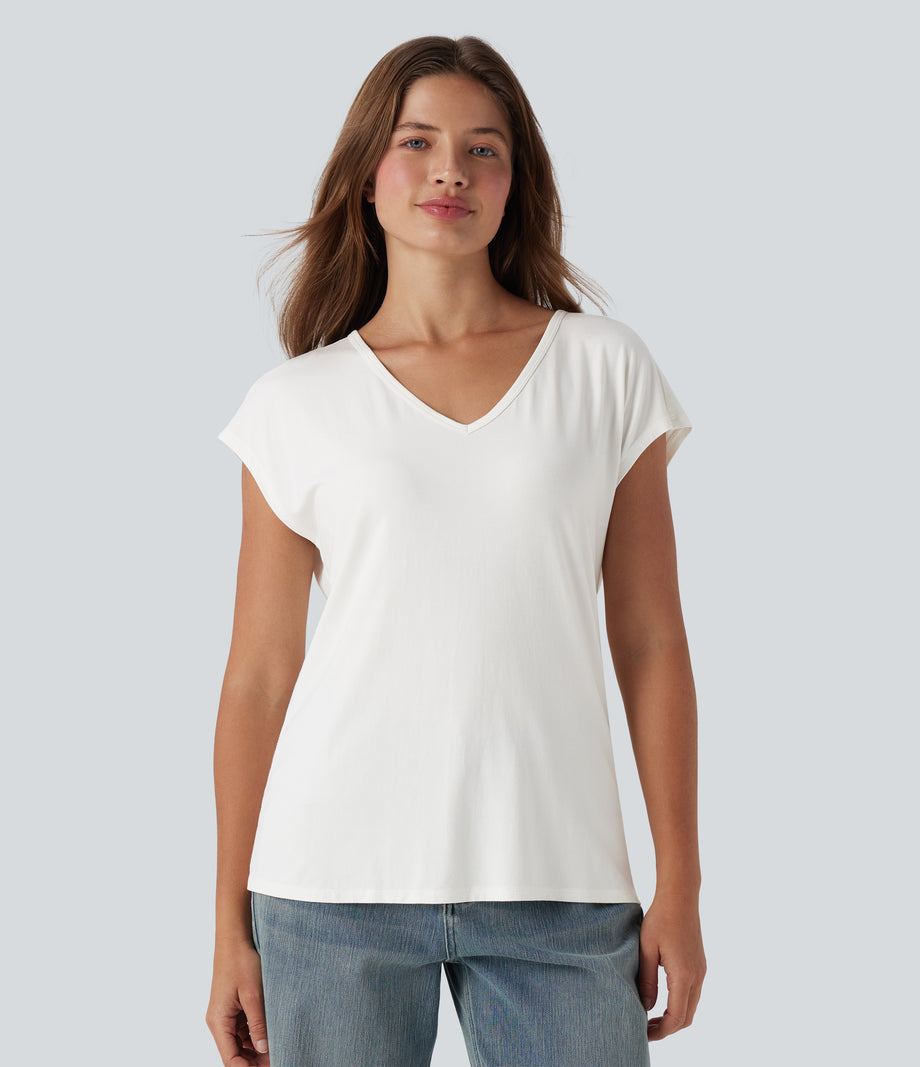 V Neck Short Sleeve Casual T-Shirt - White