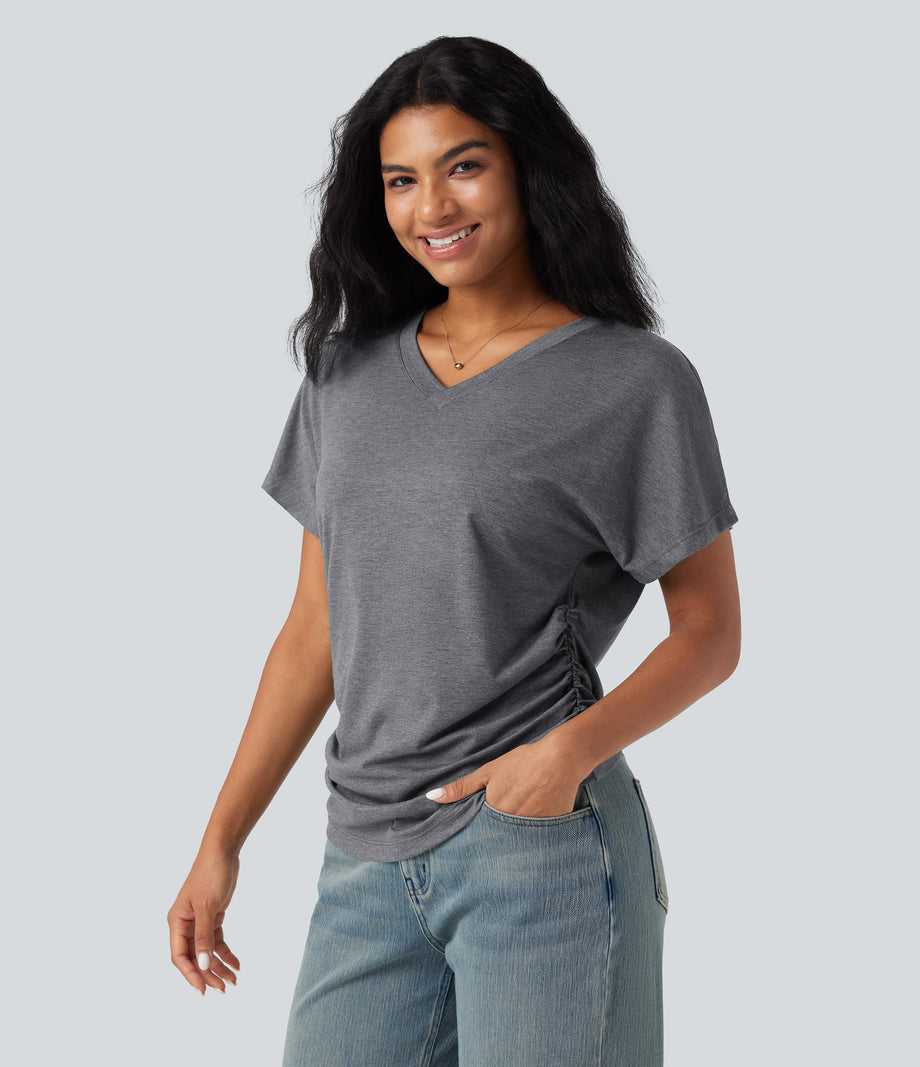 V-neck Short Sleeve Ruched Relaxed Casual Top - Darl Gray Floral Yarn