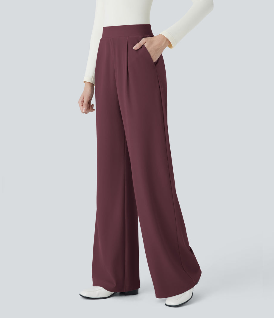 Halara Flex™ High Waisted Body Sculpt Waist-Slimming Pocket Wide Leg Micro Waffle Work Pants - Evening Red