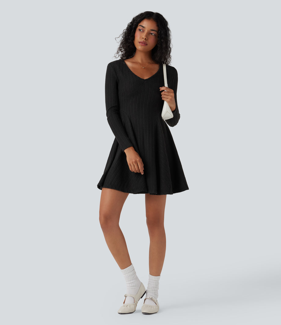 Ribbed Knit V Neck Long Sleeve Flare Mini Casual Dress with Pockets - Black