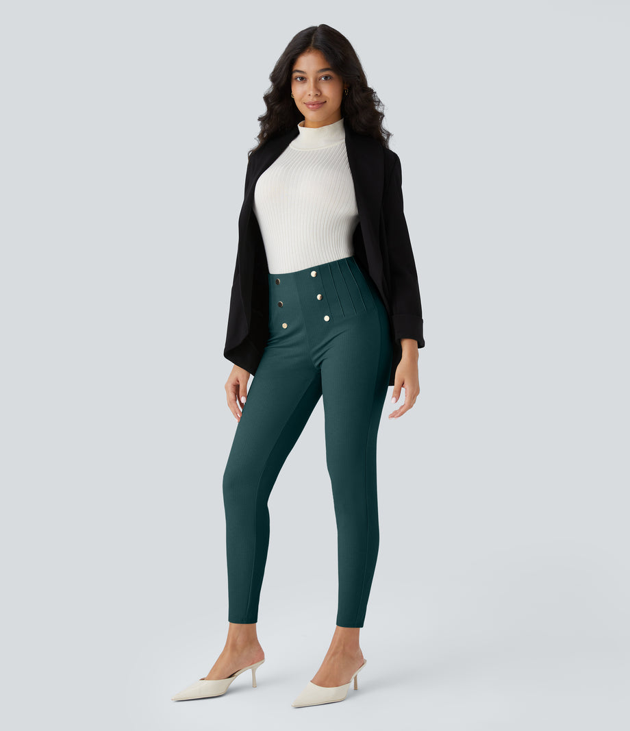 High Waisted Tummy Control Decorative Back Zipper Pockets Herringbone Work Leggings - Dark Sea