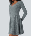 Ribbed Knit V Neck Long Sleeve Flare Mini Casual Dress with Pockets - Light Blue Floral Velvet
