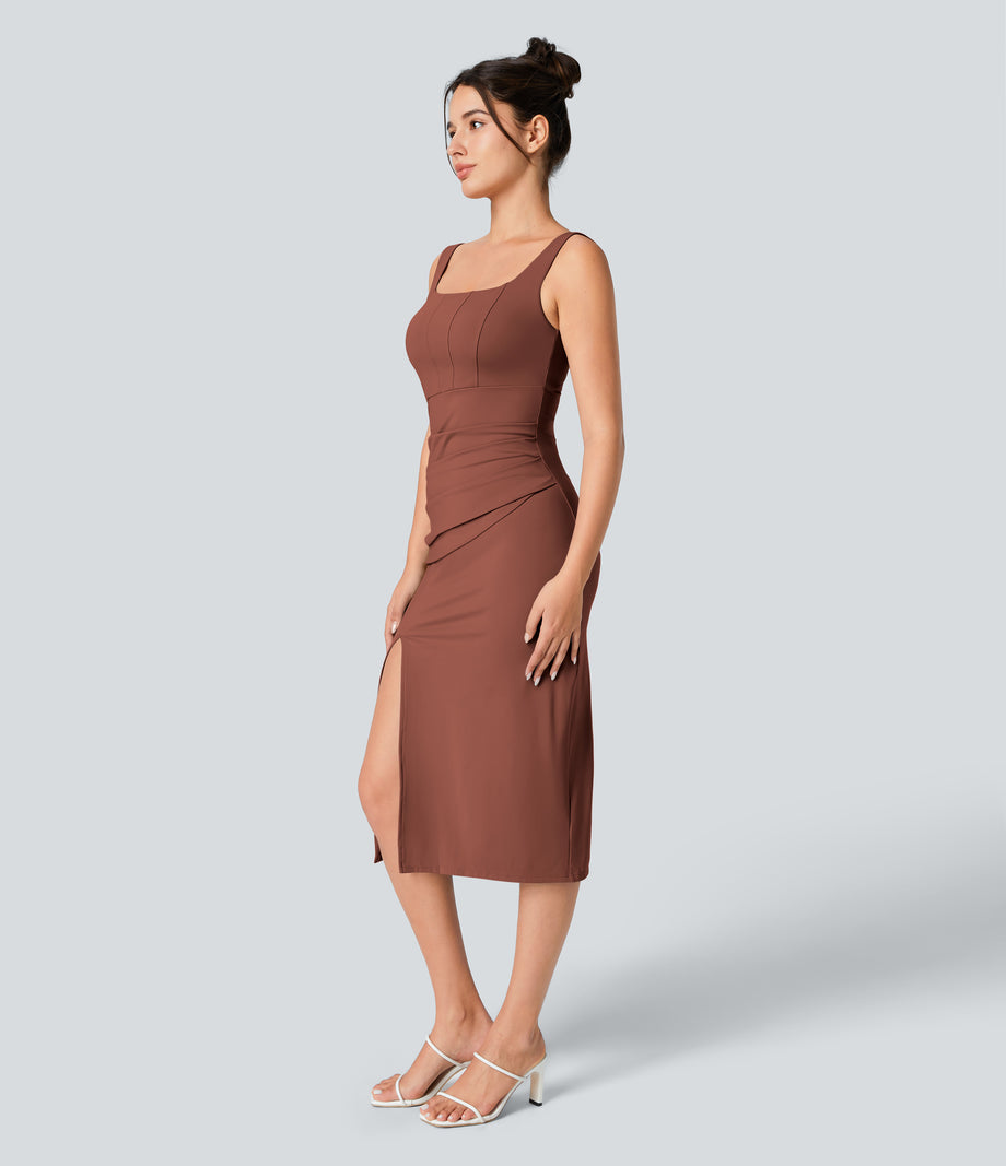 SoftlyZero™ Airy Square Neck Backless Corset Ruched Split Bodycon Midi Cool Touch Bridesmaid and Wedding Guest Dress - Sequoia
