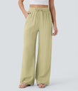 High Waisted Drawstring Pocket Wide Leg Baggy Casual Linen-Feel Pants - Golden Mist