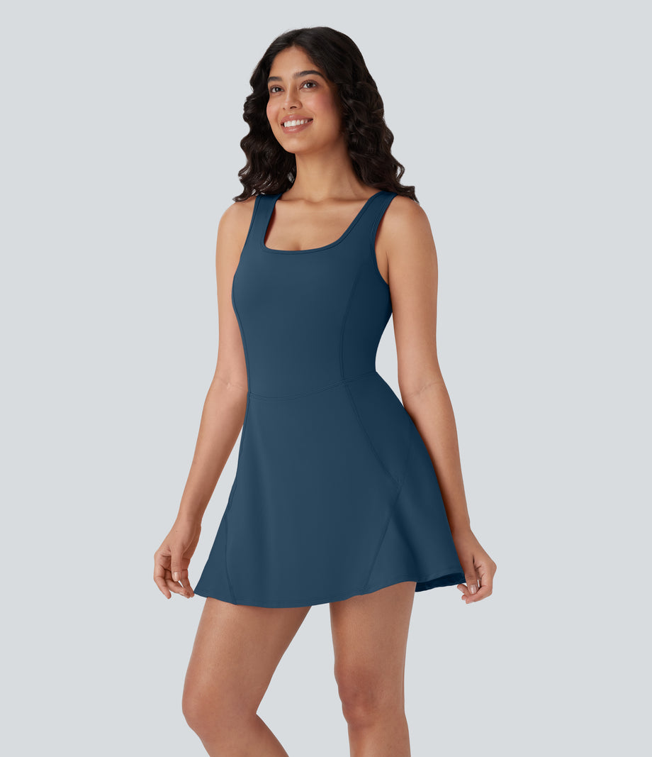 SoftlyZero™ Airy U Neck 2-in-1 Pocket Mini Cool Touch Dance Active Dress - Majolica Blue