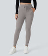 SoftlyZero™ Plush High Waisted Drawstring Pocket Plain Full Length Joggers - Gull