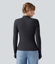 Mock-neck Long Sleeve Ruched Asymmetric Hem Thermal Casual Top - Charcoal Art