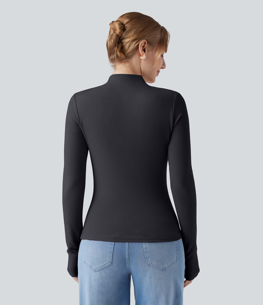 Mock-neck Long Sleeve Ruched Asymmetric Hem Thermal Casual Top - Charcoal Art