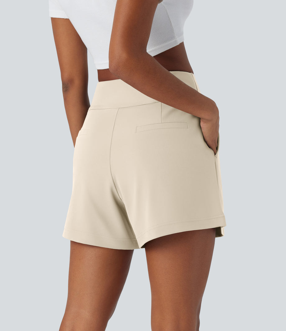 DayStretch High Waisted Work Baggy Shorts 4'' with Pockets - Oat Milk