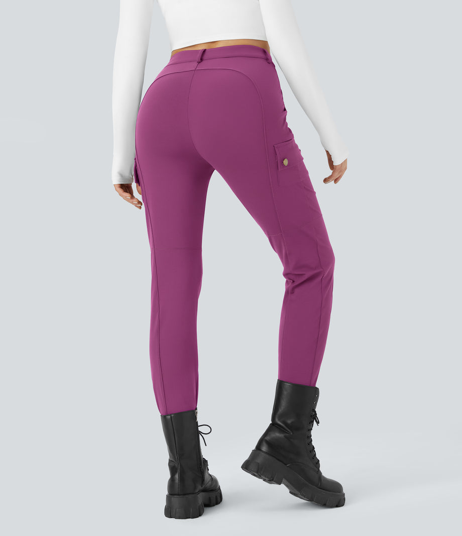 DayStretch High Waisted Zipper Pockets Solid Skinny Cargo Pants - Deep Orchid