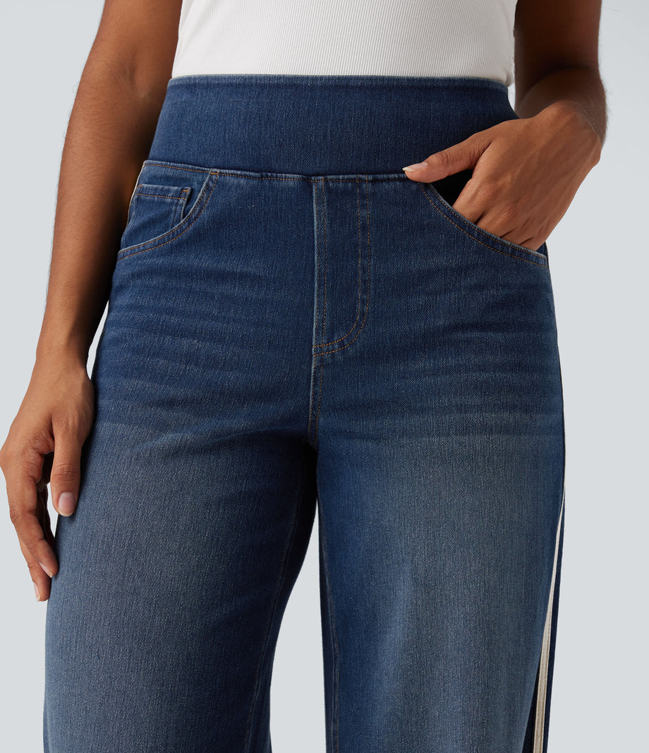 Halara Flex™ High Waisted Stripe Wide Leg Flowy Washed Casual Jeans with Pockets - Blue Surf Denim