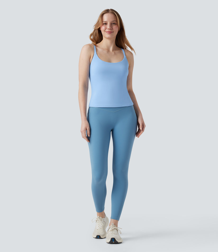 Scoop Neck Crisscross Back Crossover Hem Yoga Cami Top - Fresh Blue