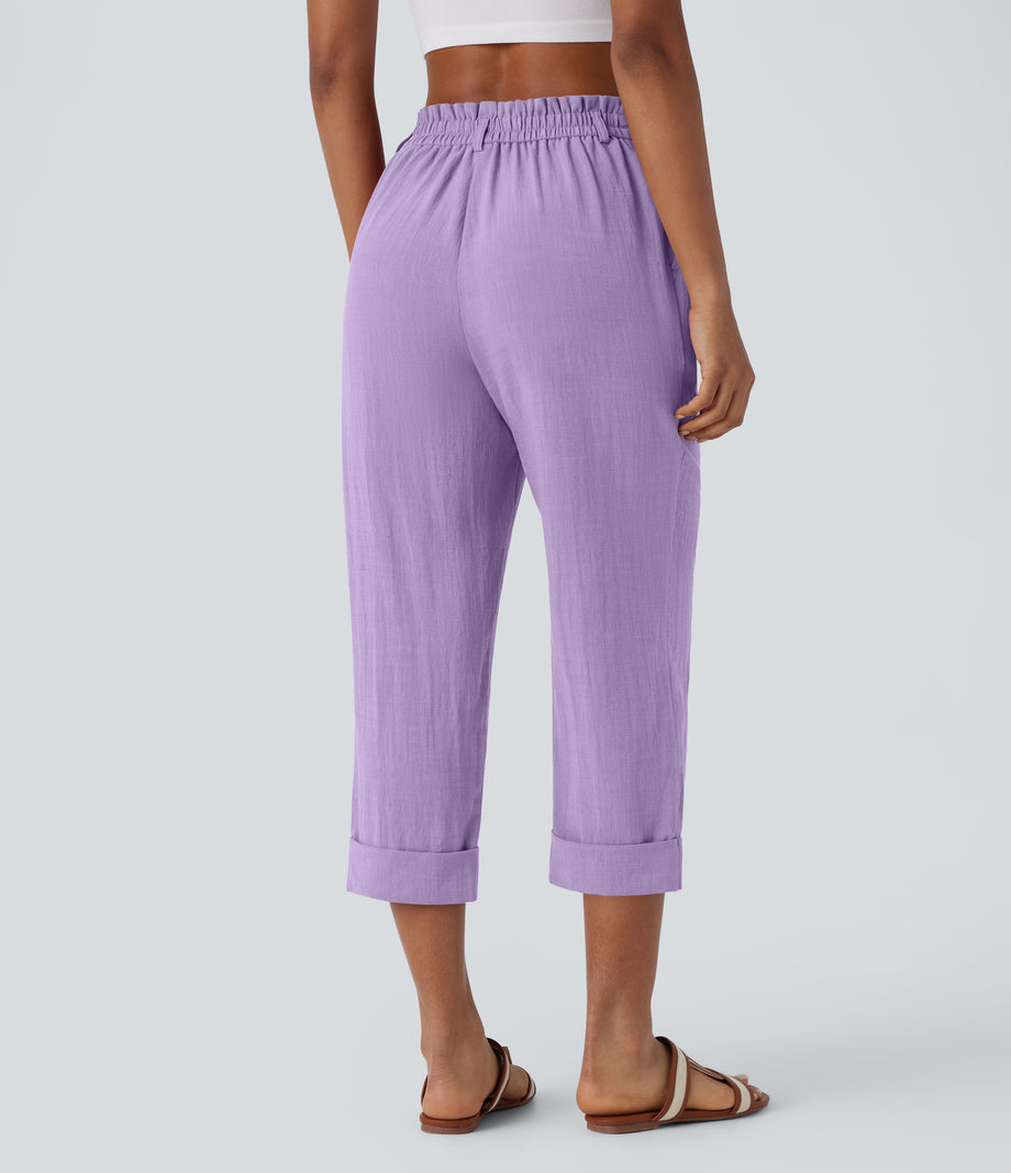High Waisted Zipper Pocket Cropped Linen-Feel Pants - Lilac Breeze