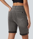 Halara Flex™ High Waisted Pockets Rolled Hem Washed Denim Casual Bermuda Shorts - Cool Gray Denim