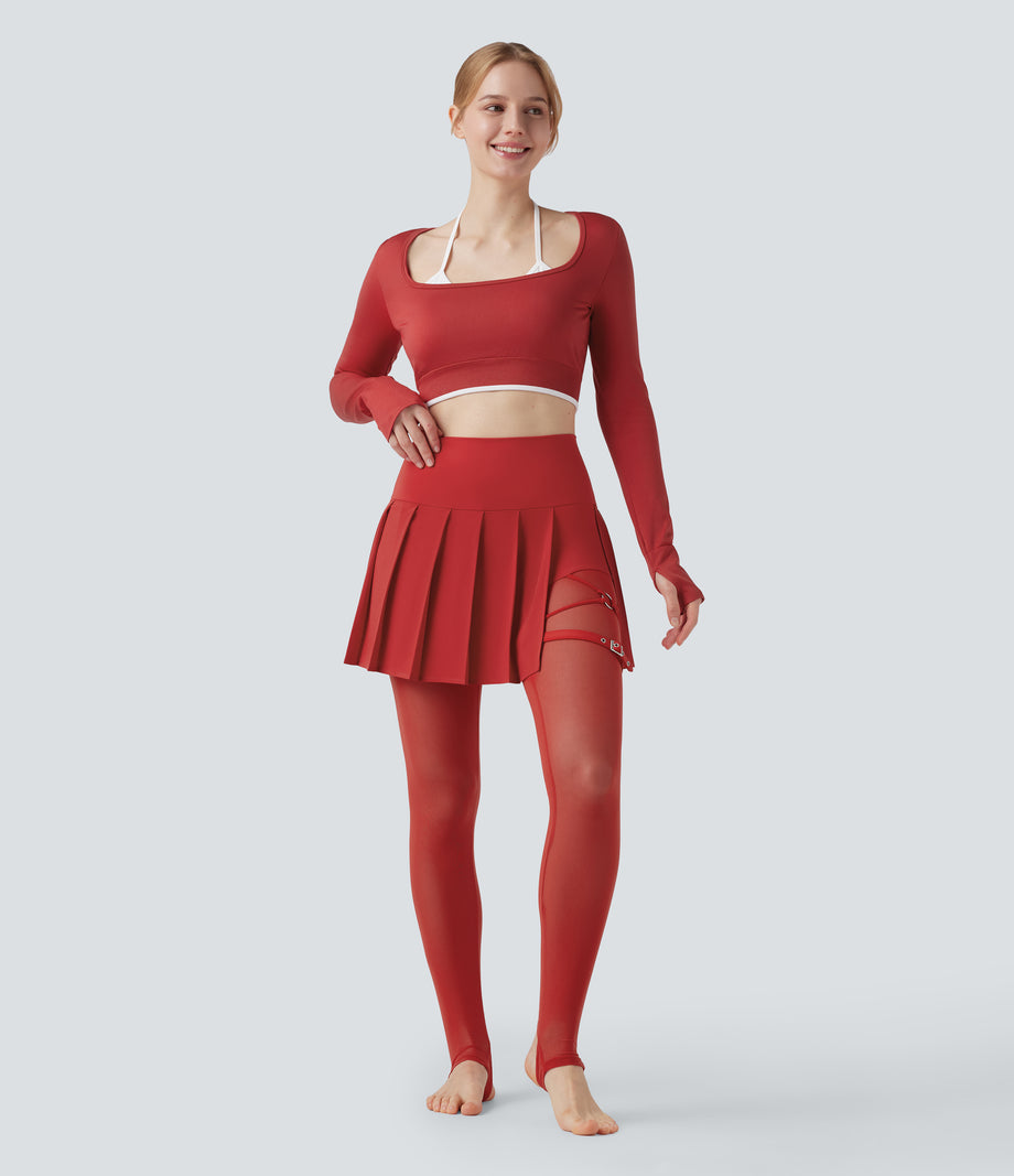 Breezeful™ High Waisted Pleated 2-in-1 Contrast Mesh Quick Dry Dance Stirrup Skirted Leggings with Pockets - Pompeian Red