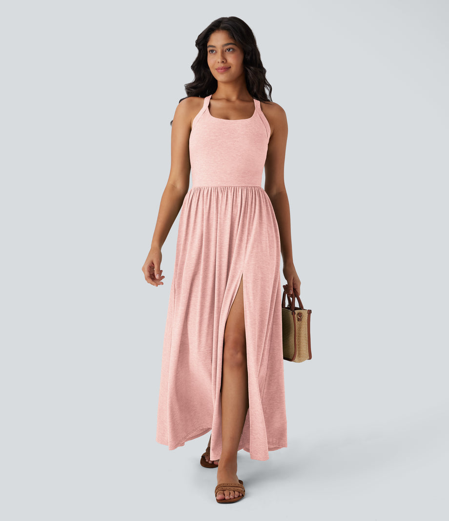Twisted Backless Split Flowy Maxi Resort Dress with Pockets - Creole Pink Floral Yarn