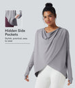 Hooded Cowl Neck Long Sleeve Thumb Hole Yoga Sports Top with Pockets - Mist Grey