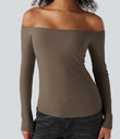 Ribbed Knit Off Shoulder Long Sleeve 2-in-1 Casual Top - Shitake