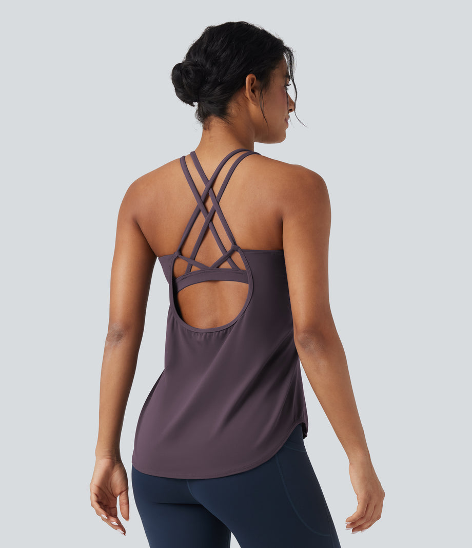Halara UltraSculpt™ Round Neck Crisscross Back Running Tank Tops DD-F Cups - Night's Purple