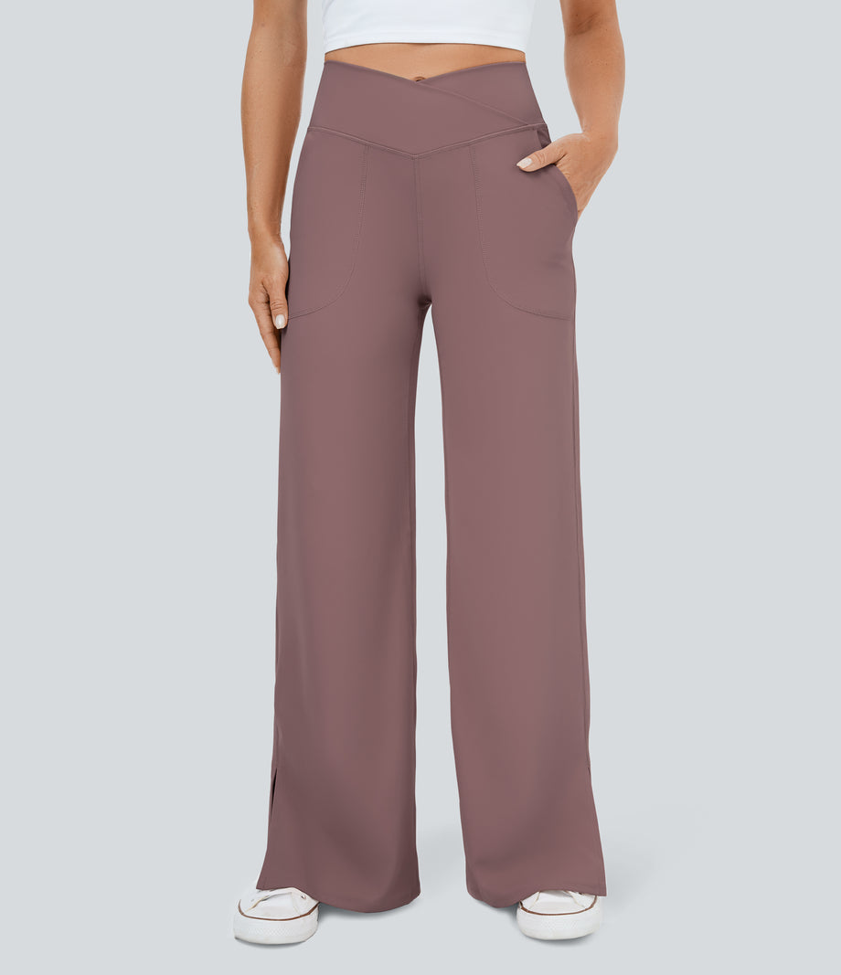 DayStretch Crossover Pocket Hem Wide Leg Yoga Pants-Smile - Purple Sandalwood