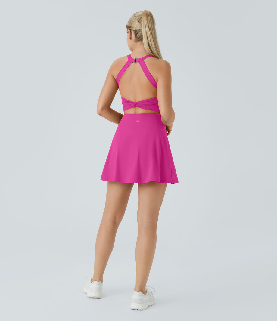 Backless Twisted Active Dress - Fuchsia Fedora