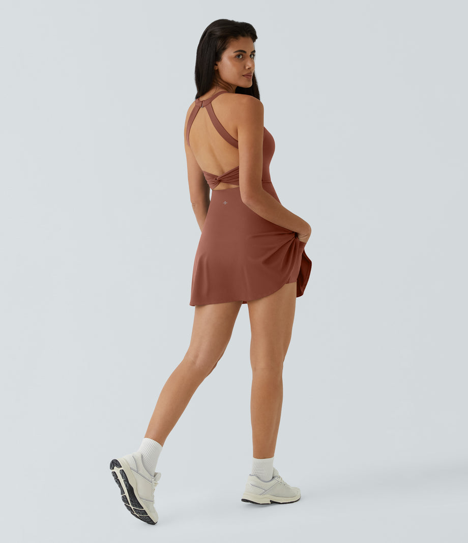 SoftlyZero™ Airy Backless Twisted Flare Low Support Dance Active Dress-Longer Length-Easy Peezy Edition A-D Cups - Sequoia