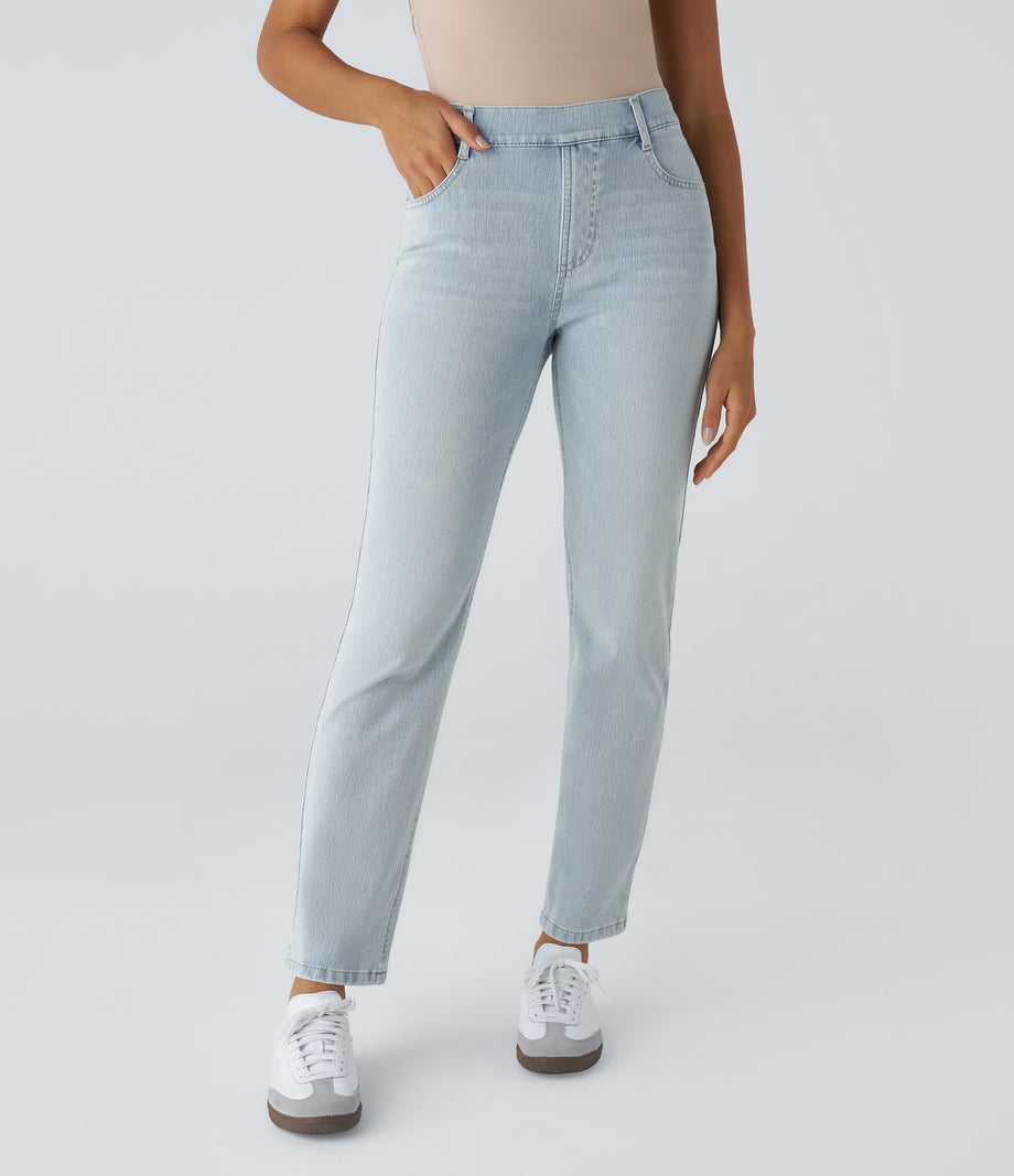 Halara Flex™ High Waisted Pockets Straight Leg Washed Casual Jeans - Light Azure Denim
