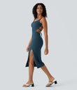 Ruched Lace Up Bodycon Midi Casual Dress - Majolica Blue