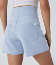 Halara Flex™ Crossover High Waisted Pockets Wide Leg A Line Washed Denim Casual Shorts - Washed Denim Sunny Blue