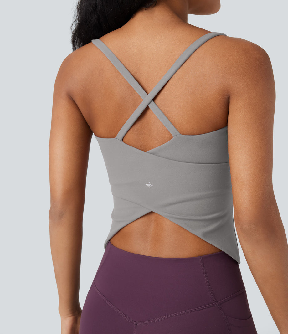 Scoop Neck Crisscross Back Crossover Hem Yoga Cami Top - Ghost Gray