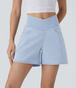 Halara Flex™ Crossover High Waisted Pockets Wide Leg A Line Washed Denim Casual Shorts - Washed Denim Sunny Blue