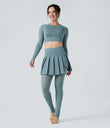 Breezeful™ High Waisted Pleated 2-in-1 Contrast Mesh Quick Dry Dance Stirrup Skirted Leggings with Pockets - Stone Blue