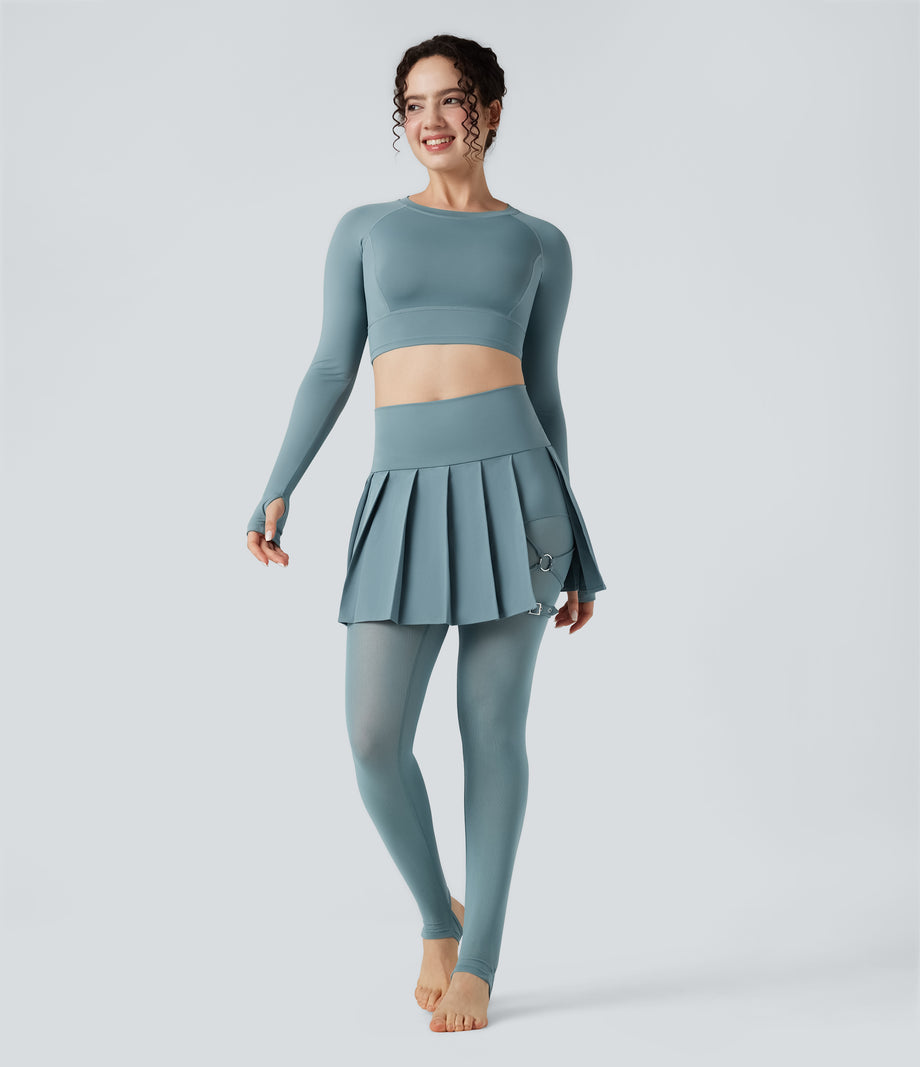 Breezeful™ High Waisted Pleated 2-in-1 Contrast Mesh Quick Dry Dance Stirrup Skirted Leggings with Pockets - Stone Blue