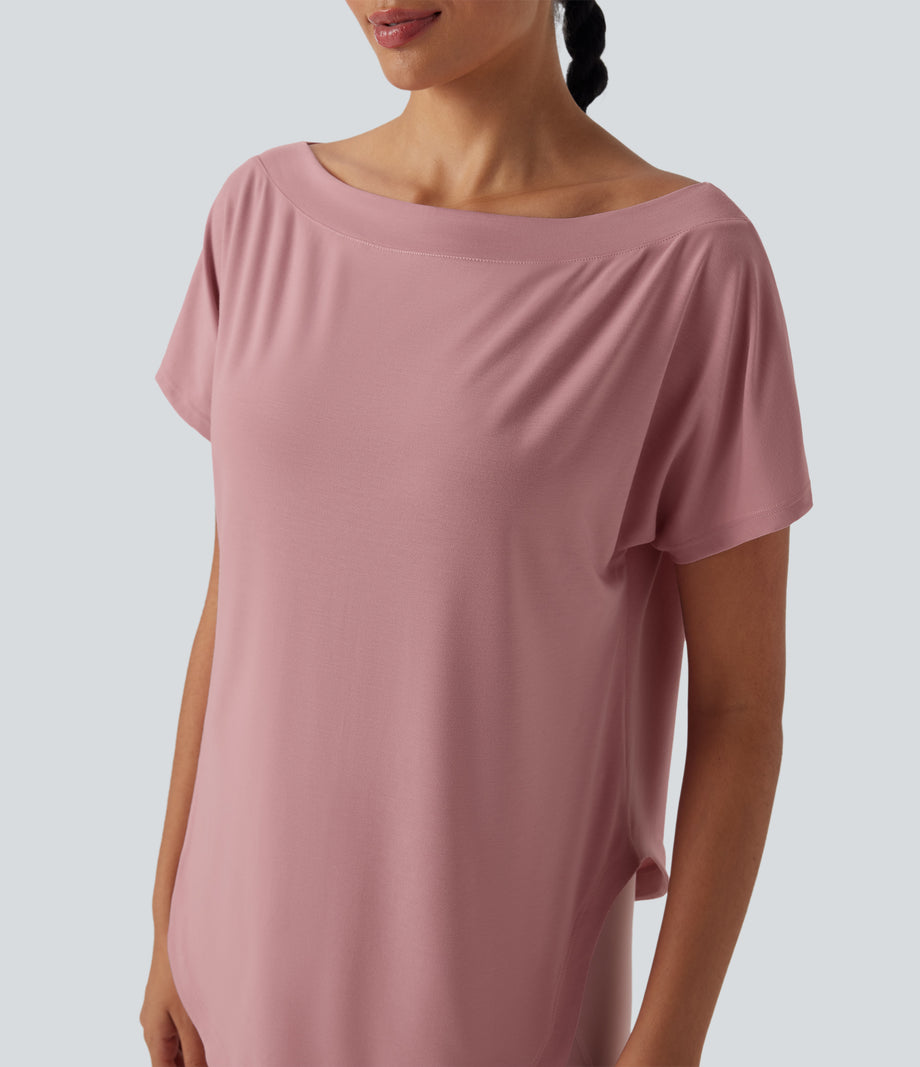 One Shoulder Short Sleeve Curved Hem High Low Quick Dry Yoga Sports Top - Soft Berry